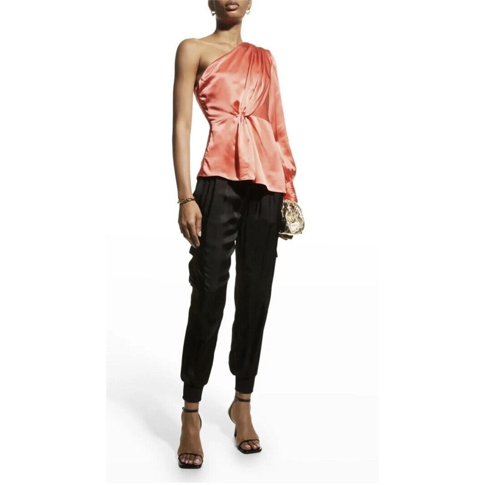 Cinq a Sept Stace One-Shoulder Top Neon Coral Women's Size XS Long Sleeve